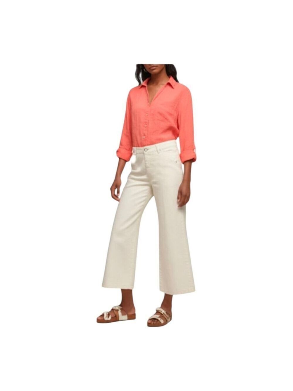 Sigrid Olsen Women's Linen Medium Blouse Coral Button Down Roll Tab Sleeve EUC